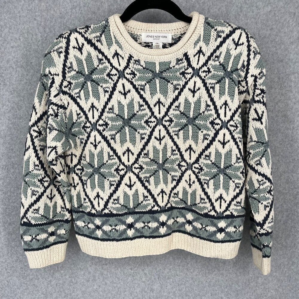 Vintage Jones New York Chunky 3D Knit Sweater Size M White Blue Crosby Dad 90s